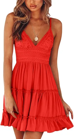 Womens Summer Dresses 2025 Sleeveless Empire Waist Ruffle Tiered Casual Swing Mini Dress for Beach Wedding