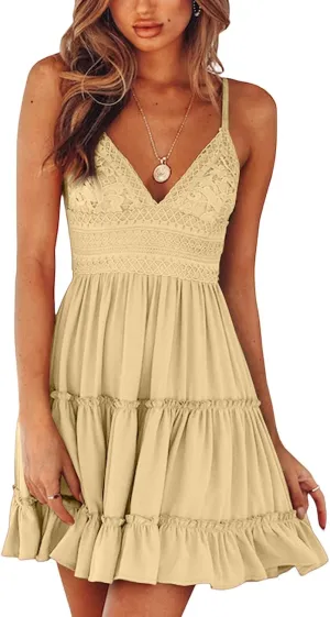 Womens Summer Dresses 2025 Sleeveless Empire Waist Ruffle Tiered Casual Swing Mini Dress for Beach Wedding