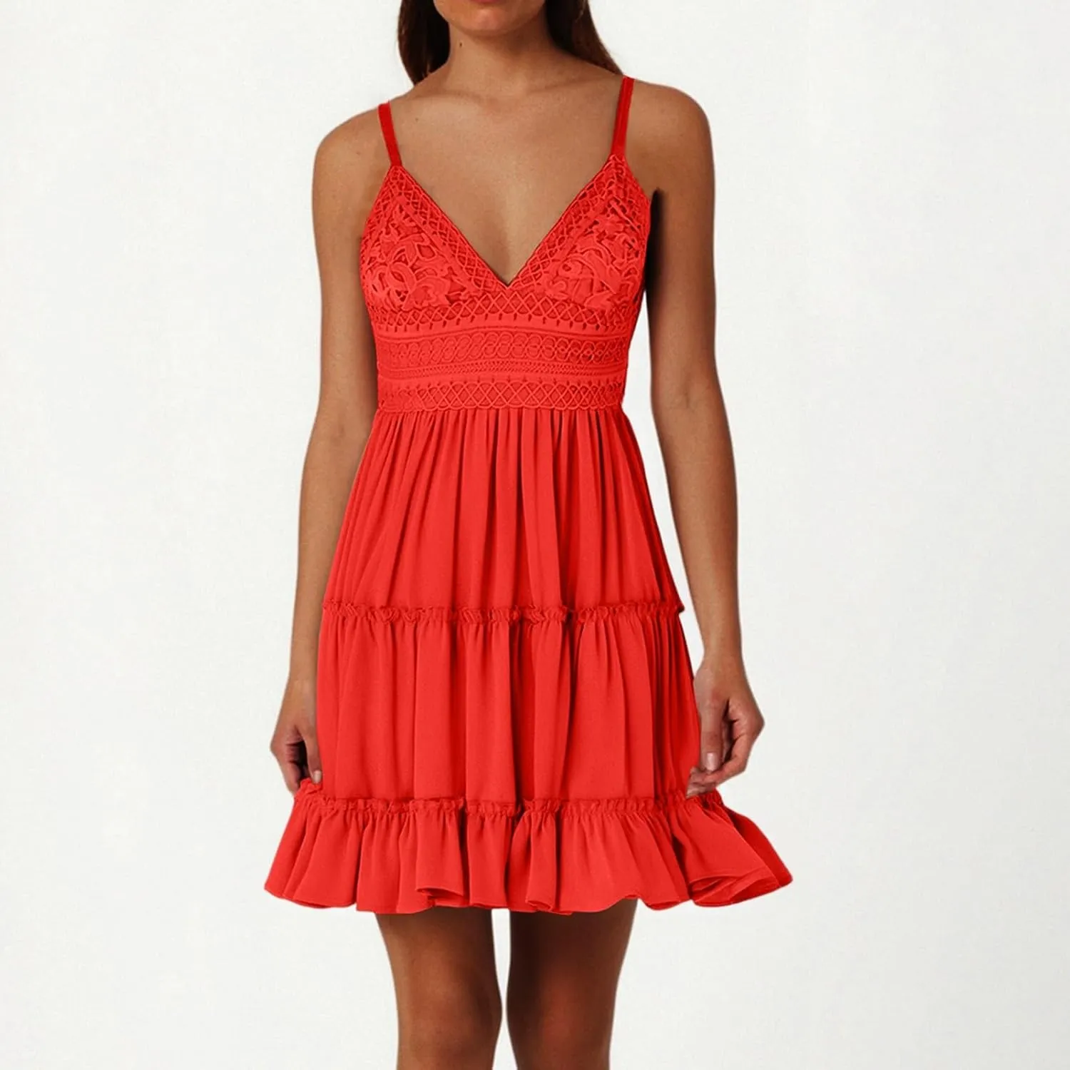 Womens Summer Dresses 2025 Sleeveless Empire Waist Ruffle Tiered Casual Swing Mini Dress for Beach Wedding