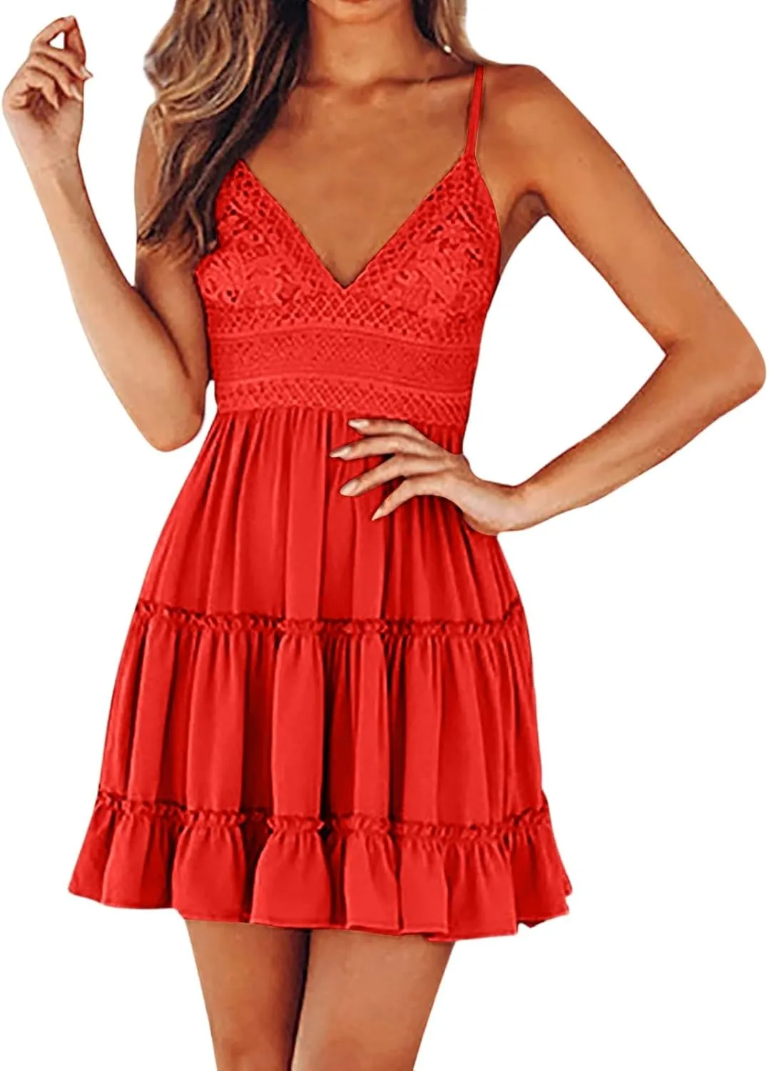 Womens Summer Dresses 2025 Sleeveless Empire Waist Ruffle Tiered Casual Swing Mini Dress for Beach Wedding