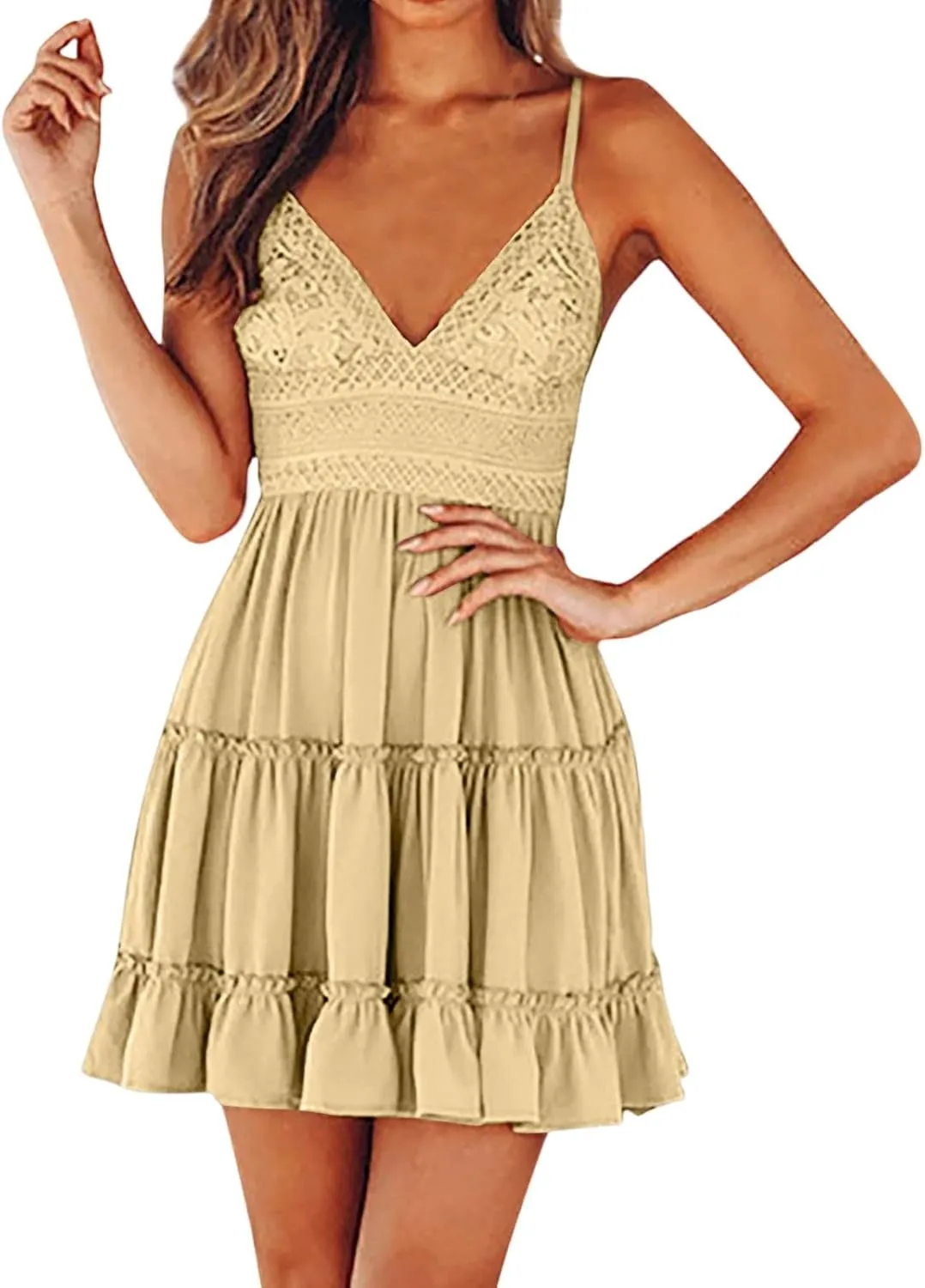 Womens Summer Dresses 2025 Sleeveless Empire Waist Ruffle Tiered Casual Swing Mini Dress for Beach Wedding