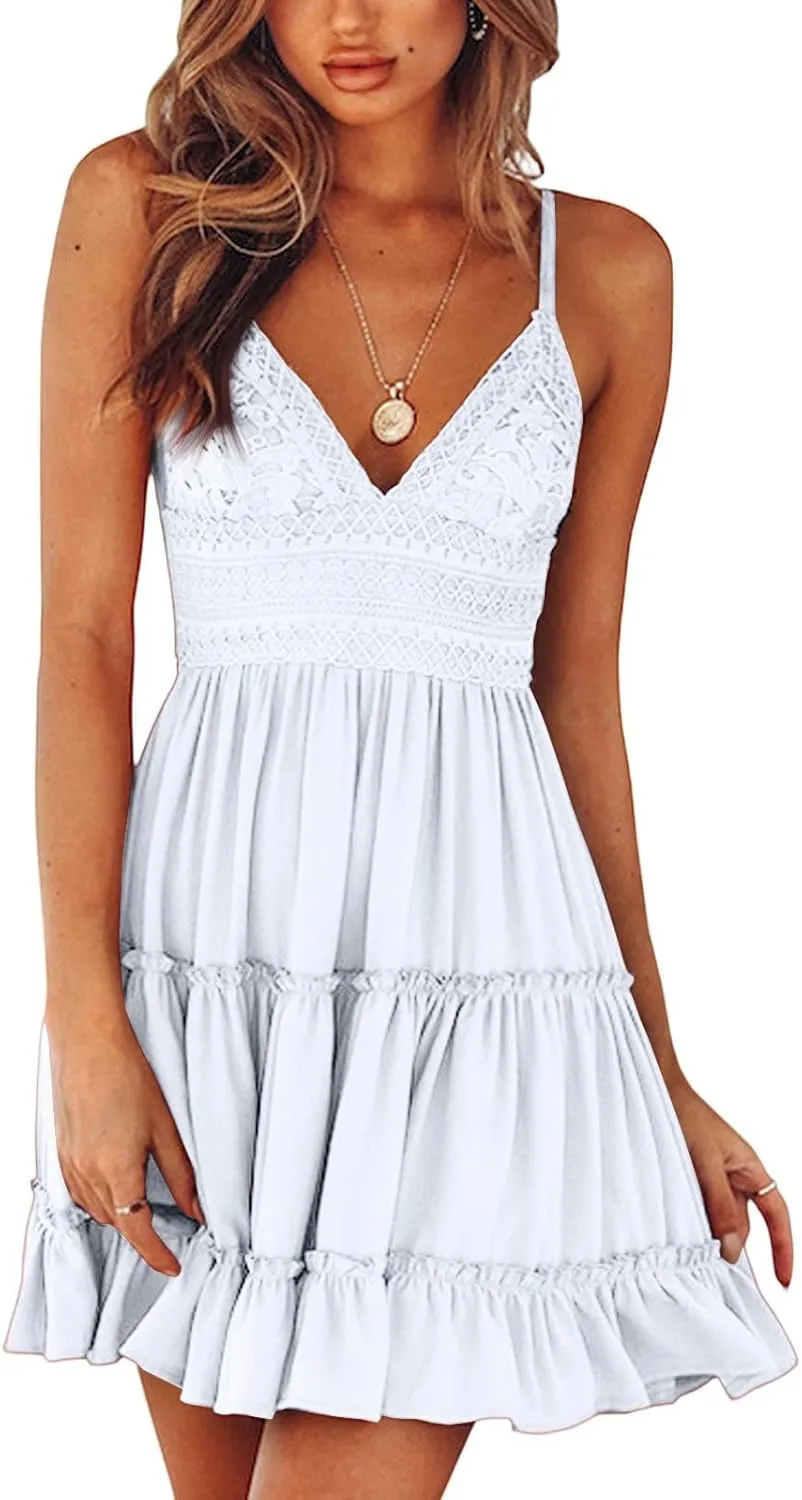 Womens Summer Dresses 2025 Sleeveless Empire Waist Ruffle Tiered Casual Swing Mini Dress for Beach Wedding