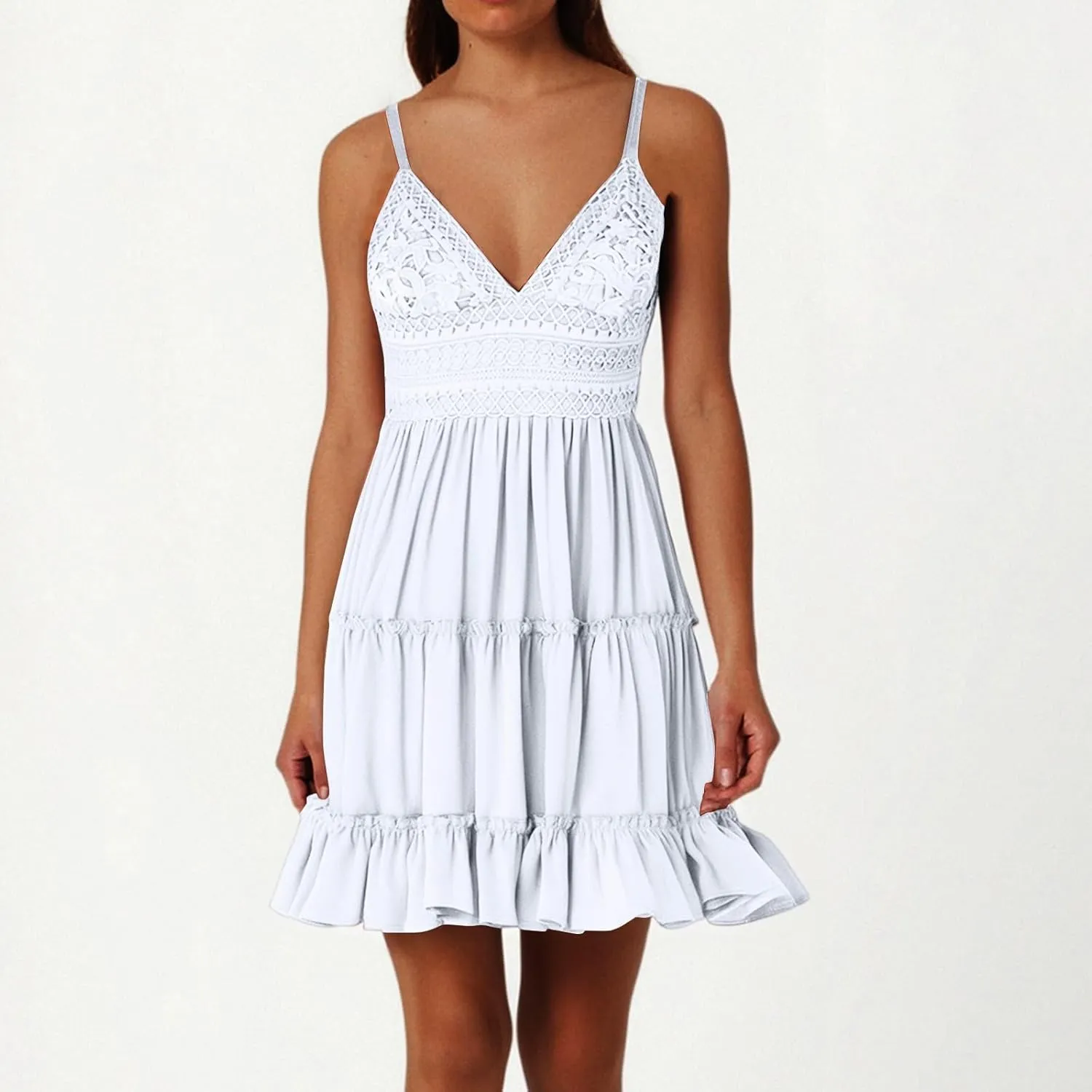 Womens Summer Dresses 2025 Sleeveless Empire Waist Ruffle Tiered Casual Swing Mini Dress for Beach Wedding
