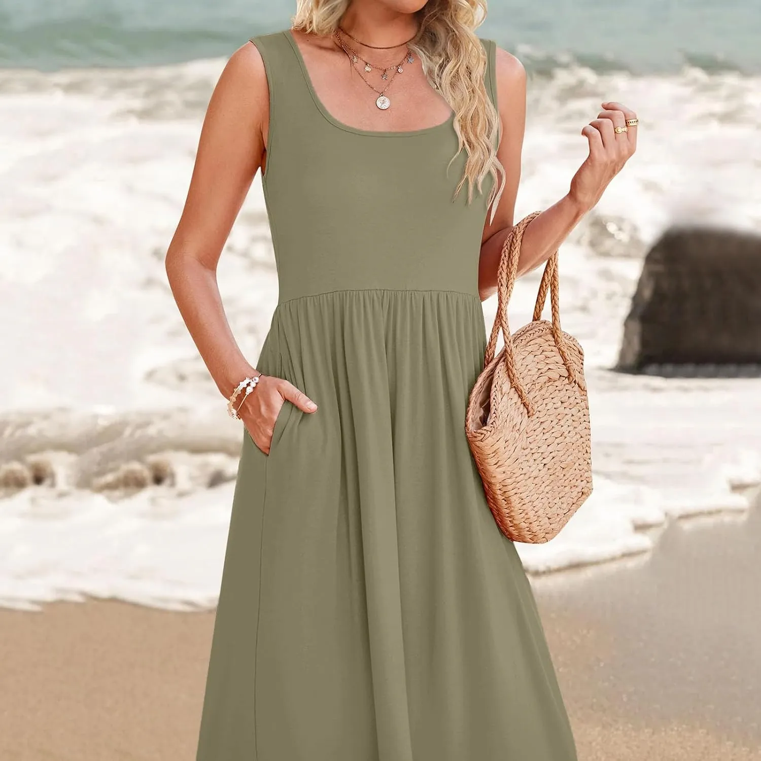Women's Summer Dresses Sleeveless Casual Boho Maxi Long Dress Square Neck Smocked Floral Beach Vacation Sundresses 4