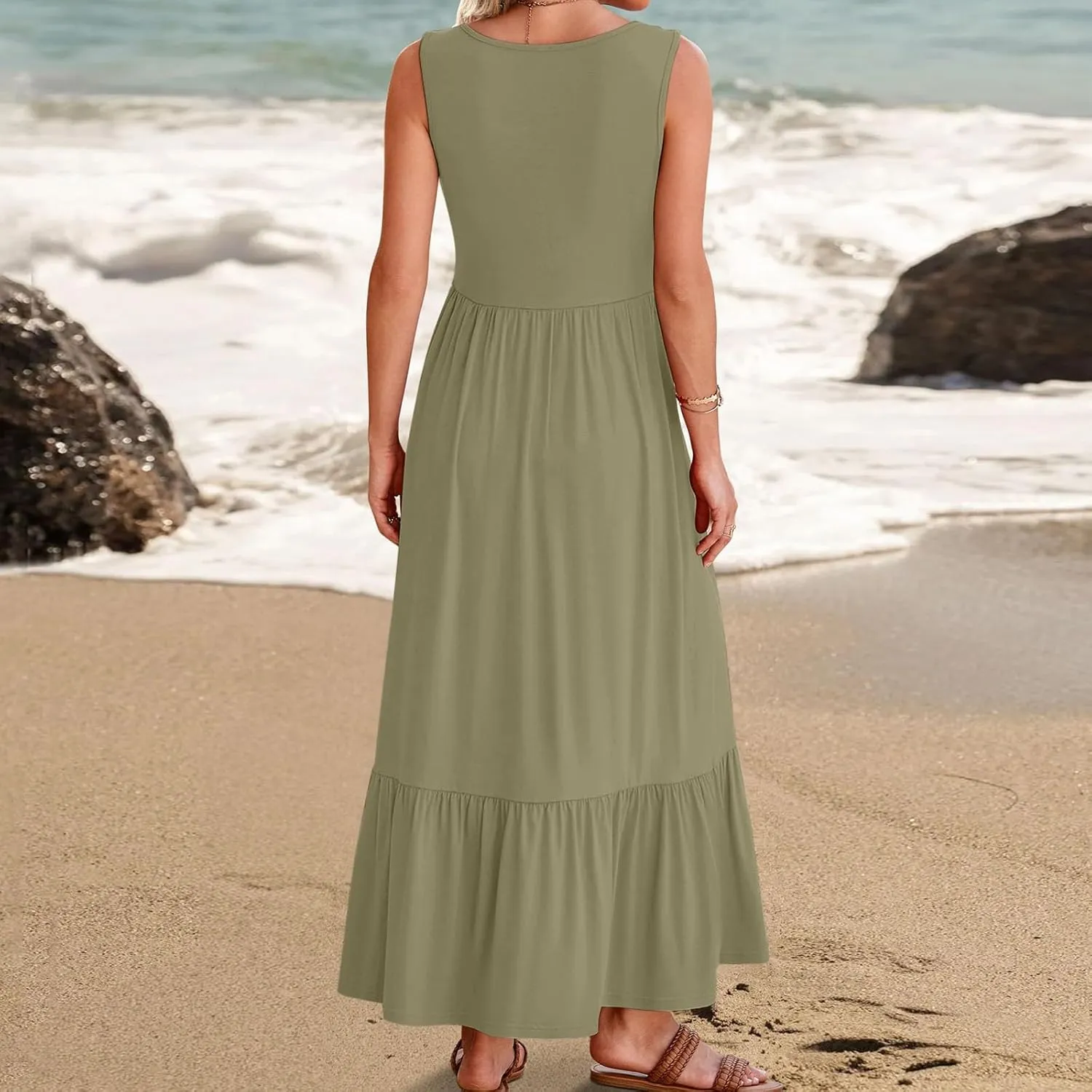 Women's Summer Dresses Sleeveless Casual Boho Maxi Long Dress Square Neck Smocked Floral Beach Vacation Sundresses 4