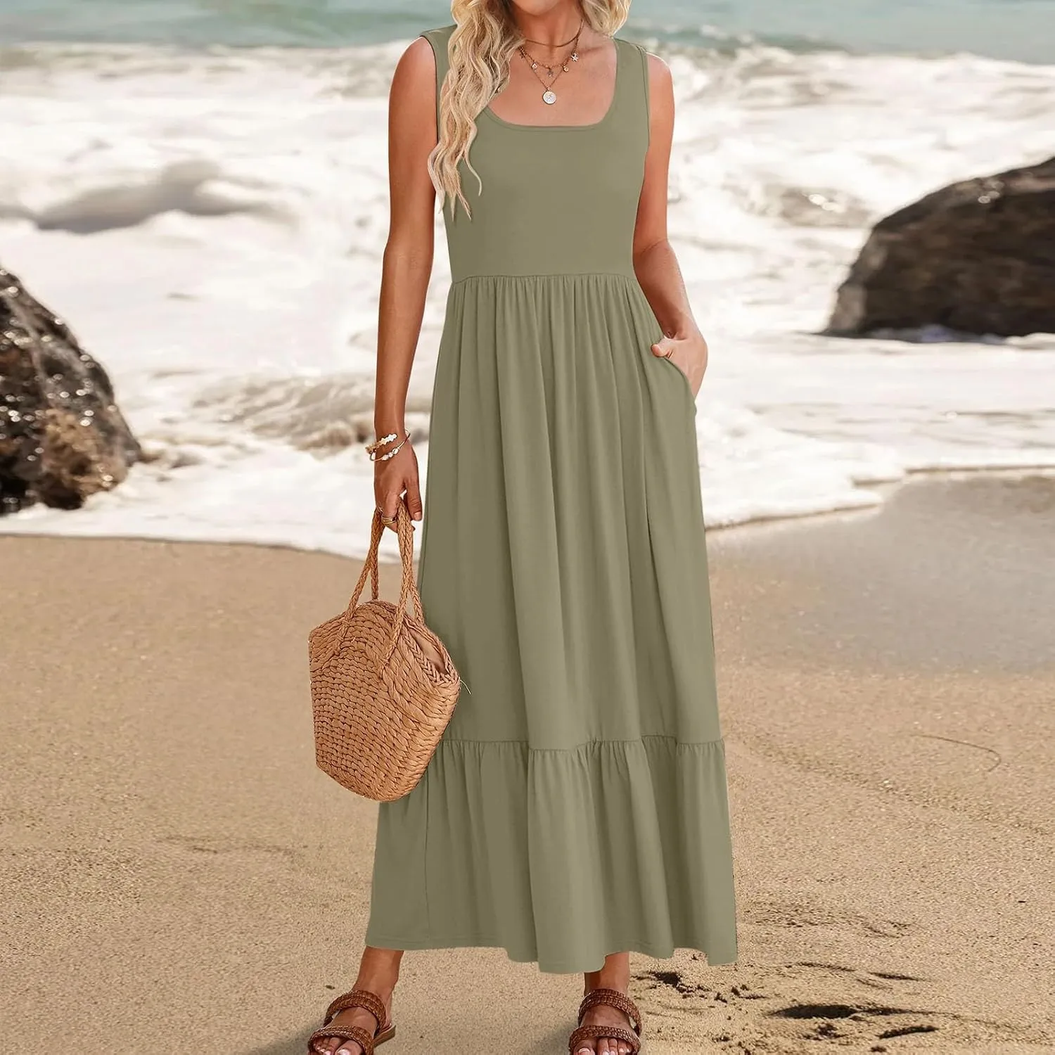 Women's Summer Dresses Sleeveless Casual Boho Maxi Long Dress Square Neck Smocked Floral Beach Vacation Sundresses 4
