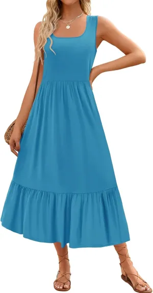 Womens Summer Dresses Square Neck Sleeveless Maxi Dress Casual Tiered Long Beach Sundress Ruffle A Line Flowy Dresses