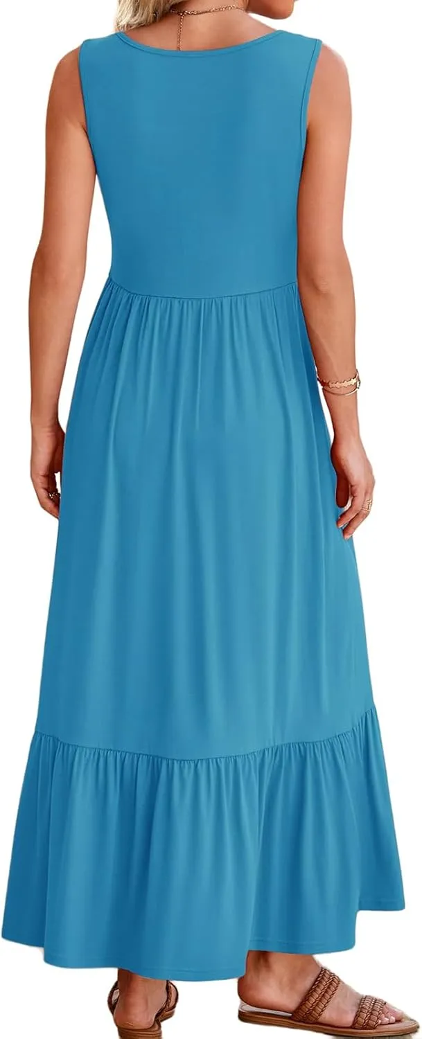 Womens Summer Dresses Square Neck Sleeveless Maxi Dress Casual Tiered Long Beach Sundress Ruffle A Line Flowy Dresses
