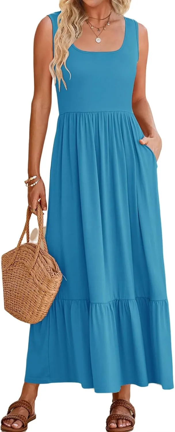 Womens Summer Dresses Square Neck Sleeveless Maxi Dress Casual Tiered Long Beach Sundress Ruffle A Line Flowy Dresses