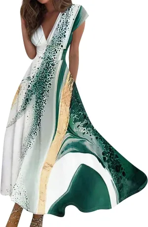 Womens Summer Dresses Wrap V Neck Floral Print Boho Dress Flowy Ruched Sleeveless Maxi Dress High Waist Sundress