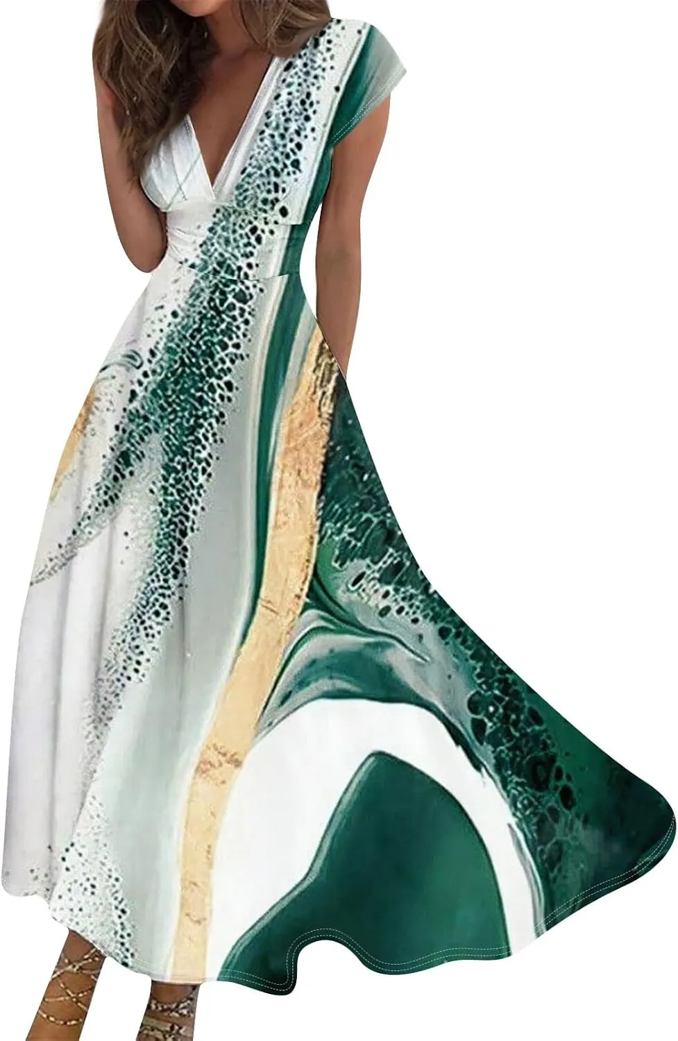 Womens Summer Dresses Wrap V Neck Floral Print Boho Dress Flowy Ruched Sleeveless Maxi Dress High Waist Sundress