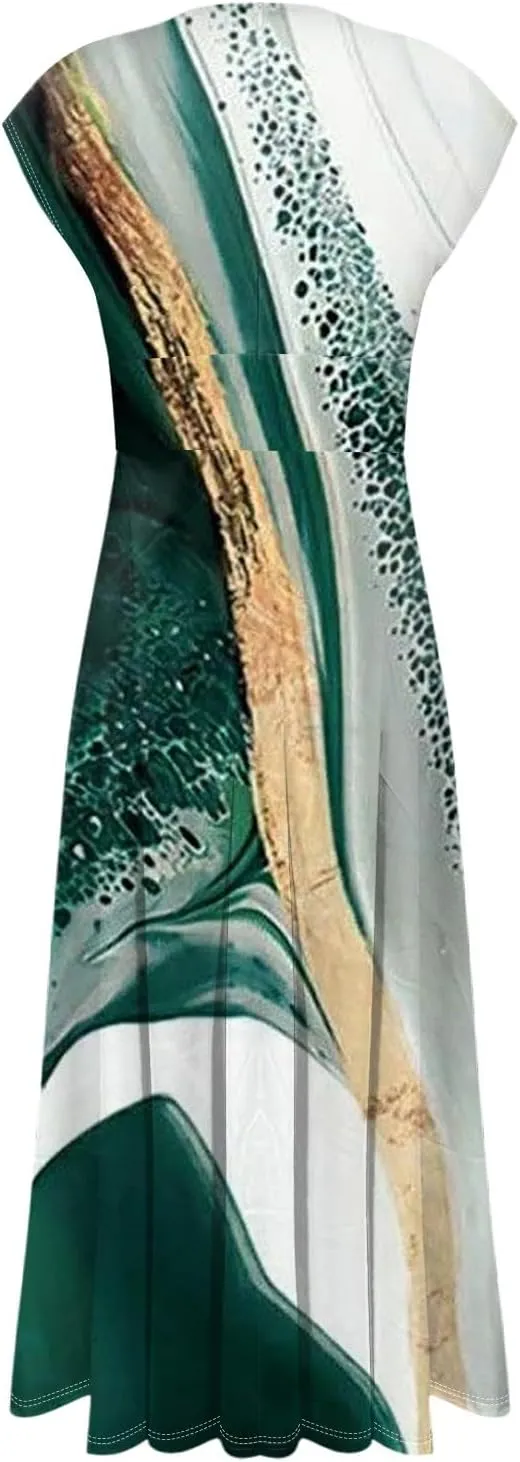 Womens Summer Dresses Wrap V Neck Floral Print Boho Dress Flowy Ruched Sleeveless Maxi Dress High Waist Sundress