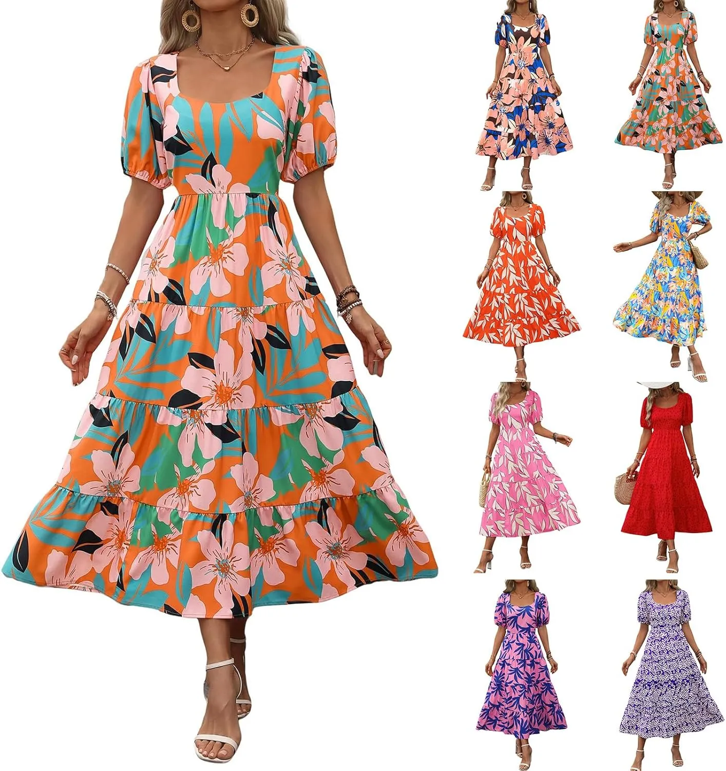 Women's Summer Floral Maxi Dress Cute Sleeveless/Short Sleeve Smocked Ruffle Long Dress Bohemian Flowy Beach Sundresses