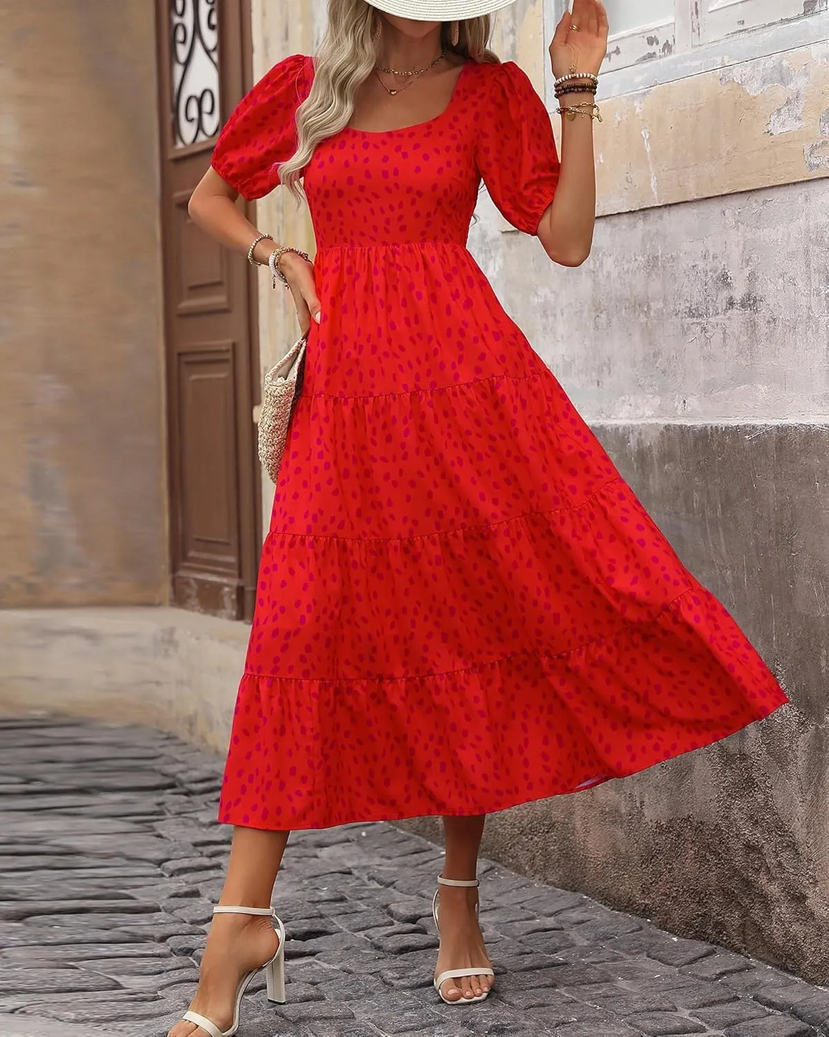 Women's Summer Floral Maxi Dress Cute Sleeveless/Short Sleeve Smocked Ruffle Long Dress Bohemian Flowy Beach Sundresses