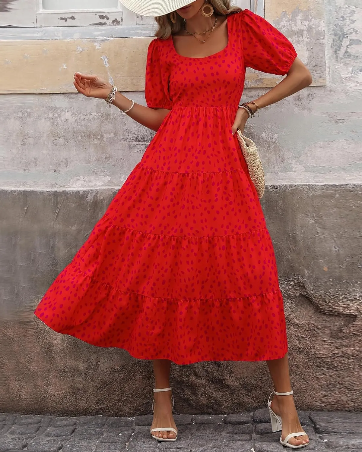 Women's Summer Floral Maxi Dress Cute Sleeveless/Short Sleeve Smocked Ruffle Long Dress Bohemian Flowy Beach Sundresses