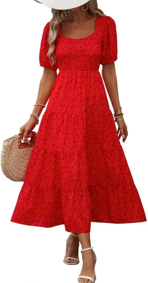 Women's Summer Floral Maxi Dress Cute Sleeveless/Short Sleeve Smocked Ruffle Long Dress Bohemian Flowy Beach Sundresses