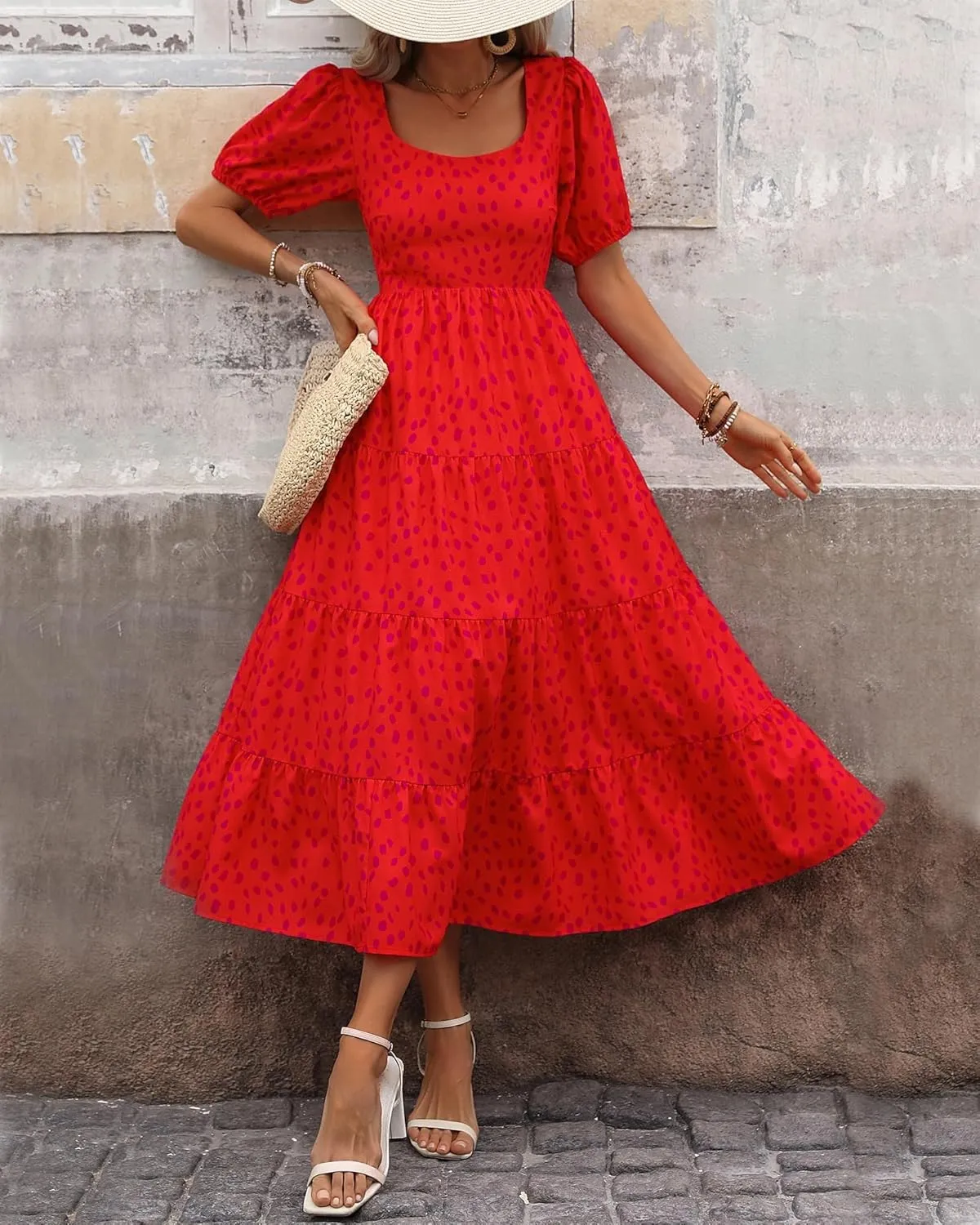 Women's Summer Floral Maxi Dress Cute Sleeveless/Short Sleeve Smocked Ruffle Long Dress Bohemian Flowy Beach Sundresses