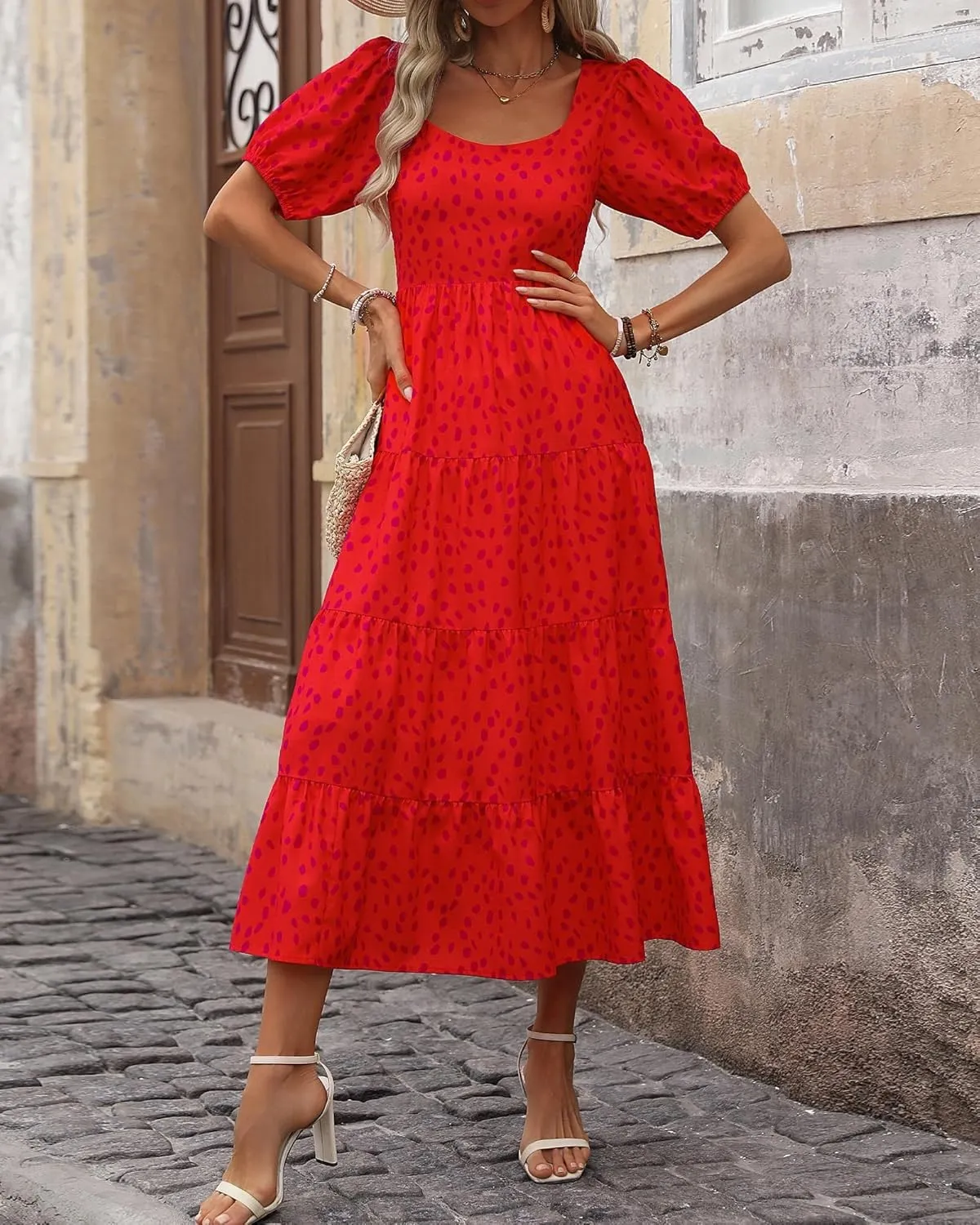 Women's Summer Floral Maxi Dress Cute Sleeveless/Short Sleeve Smocked Ruffle Long Dress Bohemian Flowy Beach Sundresses