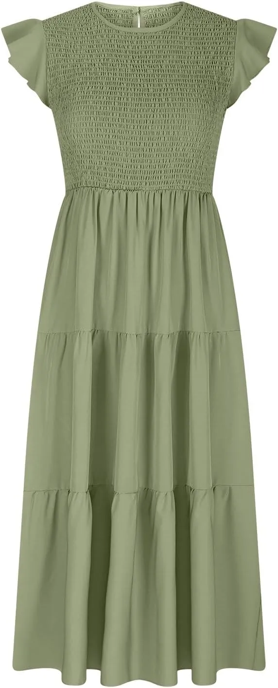 Women's Summer Flowy Midi Dress Casual Cap Sleeve Crew Neck Smocked Beach Dress High Waist Tiered A-Line Sundress