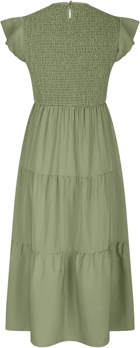 Women's Summer Flowy Midi Dress Casual Cap Sleeve Crew Neck Smocked Beach Dress High Waist Tiered A-Line Sundress
