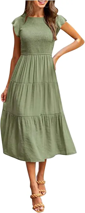 Women's Summer Flowy Midi Dress Casual Cap Sleeve Crew Neck Smocked Beach Dress High Waist Tiered A-Line Sundress