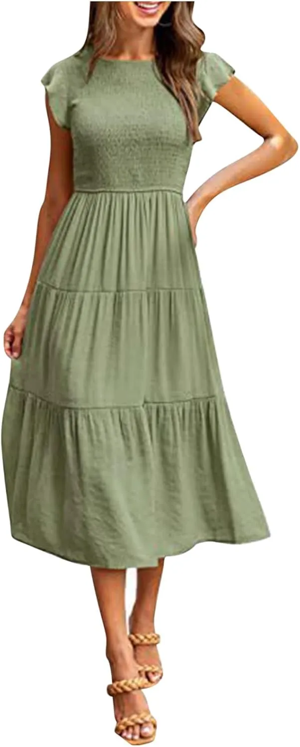 Women's Summer Flowy Midi Dress Casual Cap Sleeve Crew Neck Smocked Beach Dress High Waist Tiered A-Line Sundress