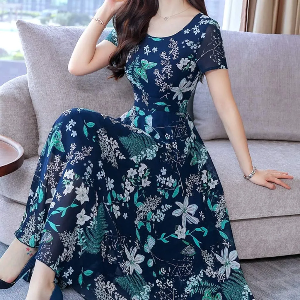 Women's Summer Maxi Dress Casual Boho V Neck Short Sleeve Ruffle Hem Flowy Beach Long Dresses Sundress Midi Dresses