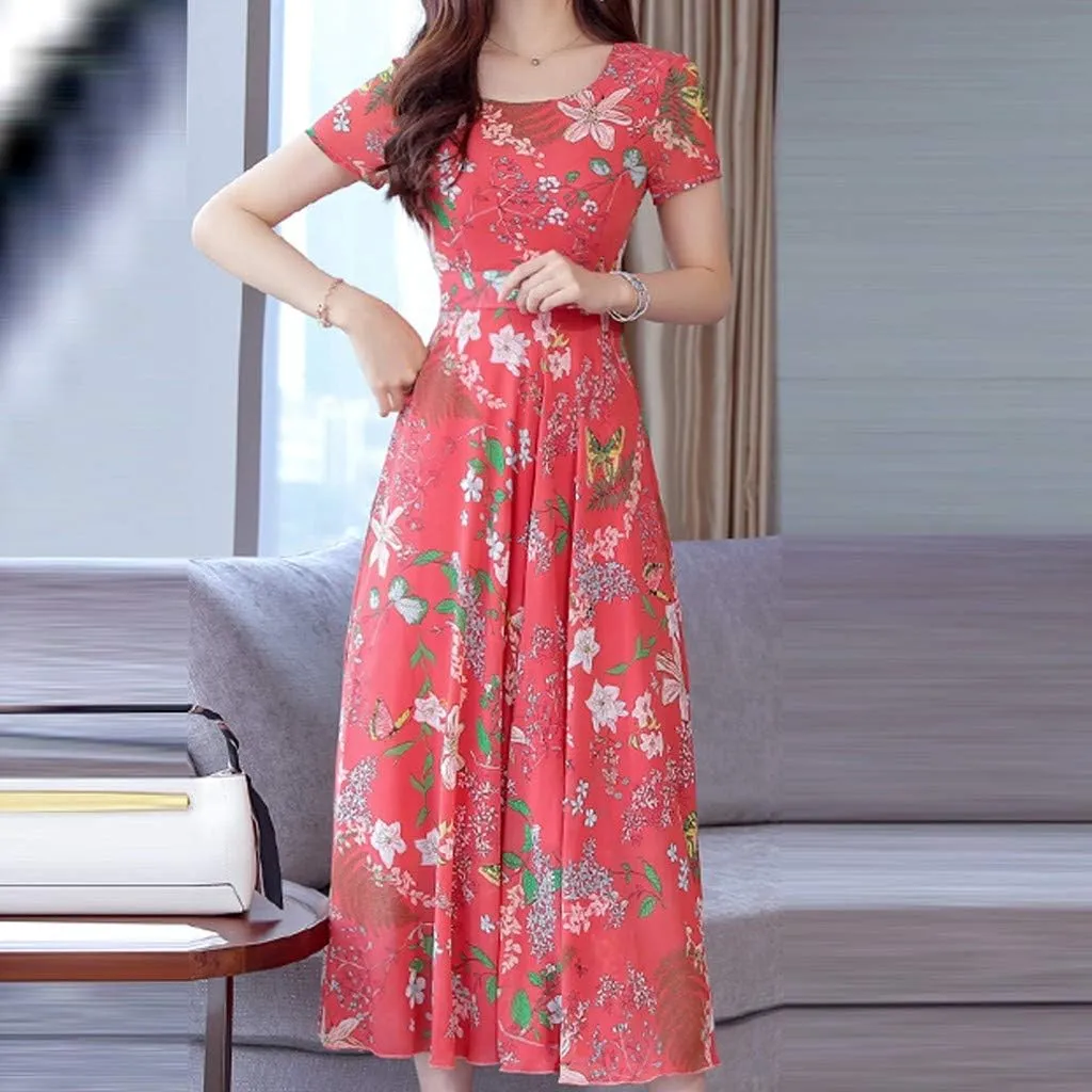 Women's Summer Maxi Dress Casual Boho V Neck Short Sleeve Ruffle Hem Flowy Beach Long Dresses Sundress Midi Dresses