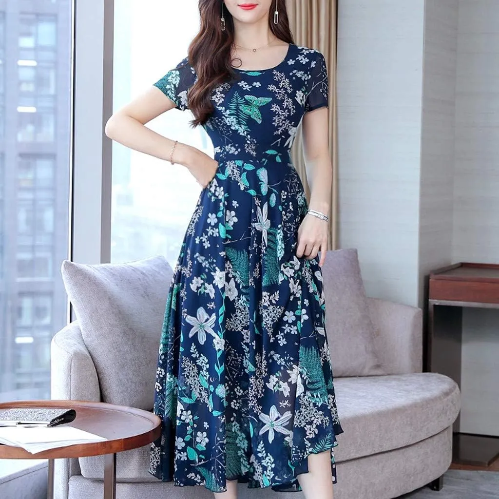 Women's Summer Maxi Dress Casual Boho V Neck Short Sleeve Ruffle Hem Flowy Beach Long Dresses Sundress Midi Dresses
