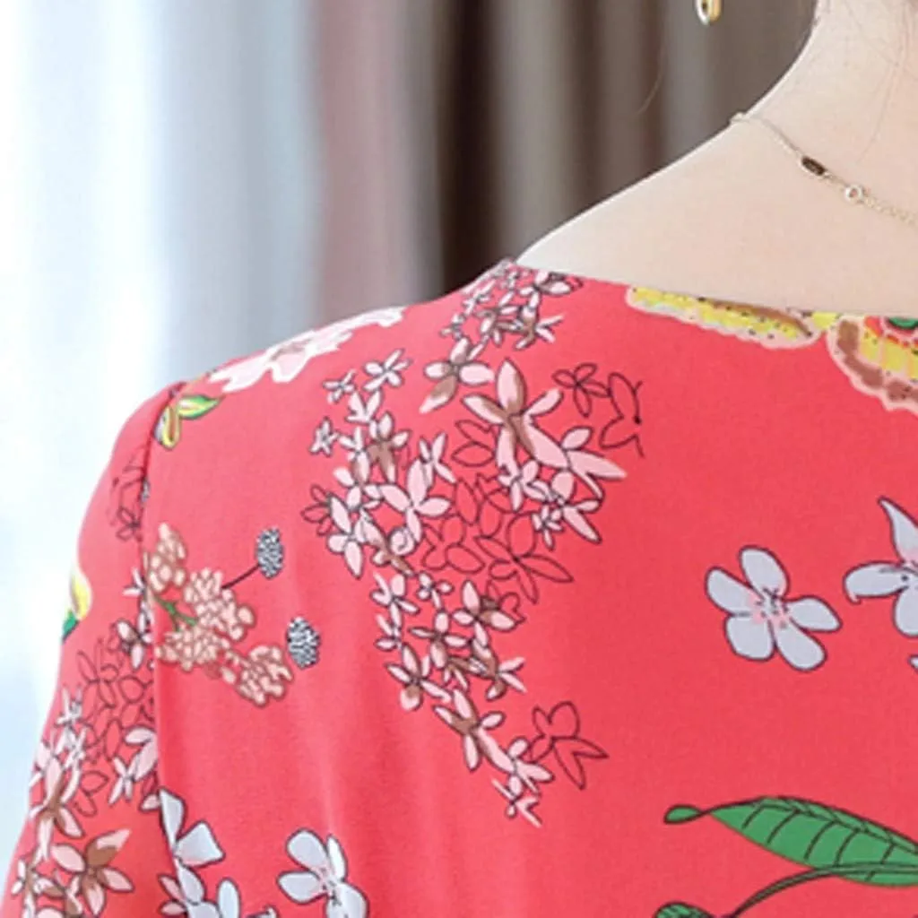 Women's Summer Maxi Dress Casual Boho V Neck Short Sleeve Ruffle Hem Flowy Beach Long Dresses Sundress Midi Dresses