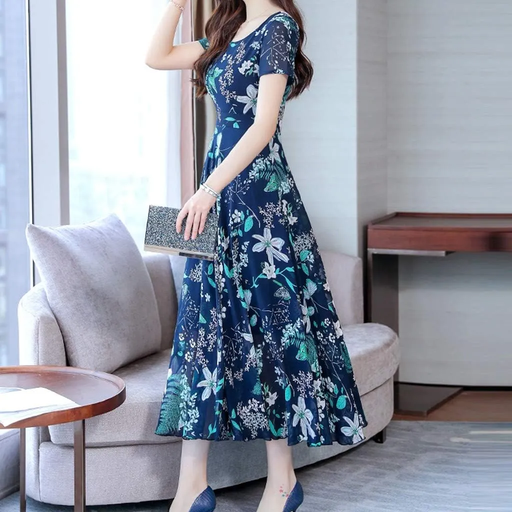 Women's Summer Maxi Dress Casual Boho V Neck Short Sleeve Ruffle Hem Flowy Beach Long Dresses Sundress Midi Dresses