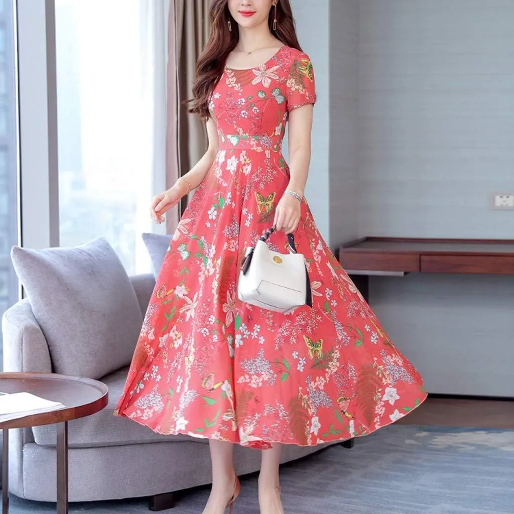 Women's Summer Maxi Dress Casual Boho V Neck Short Sleeve Ruffle Hem Flowy Beach Long Dresses Sundress Midi Dresses