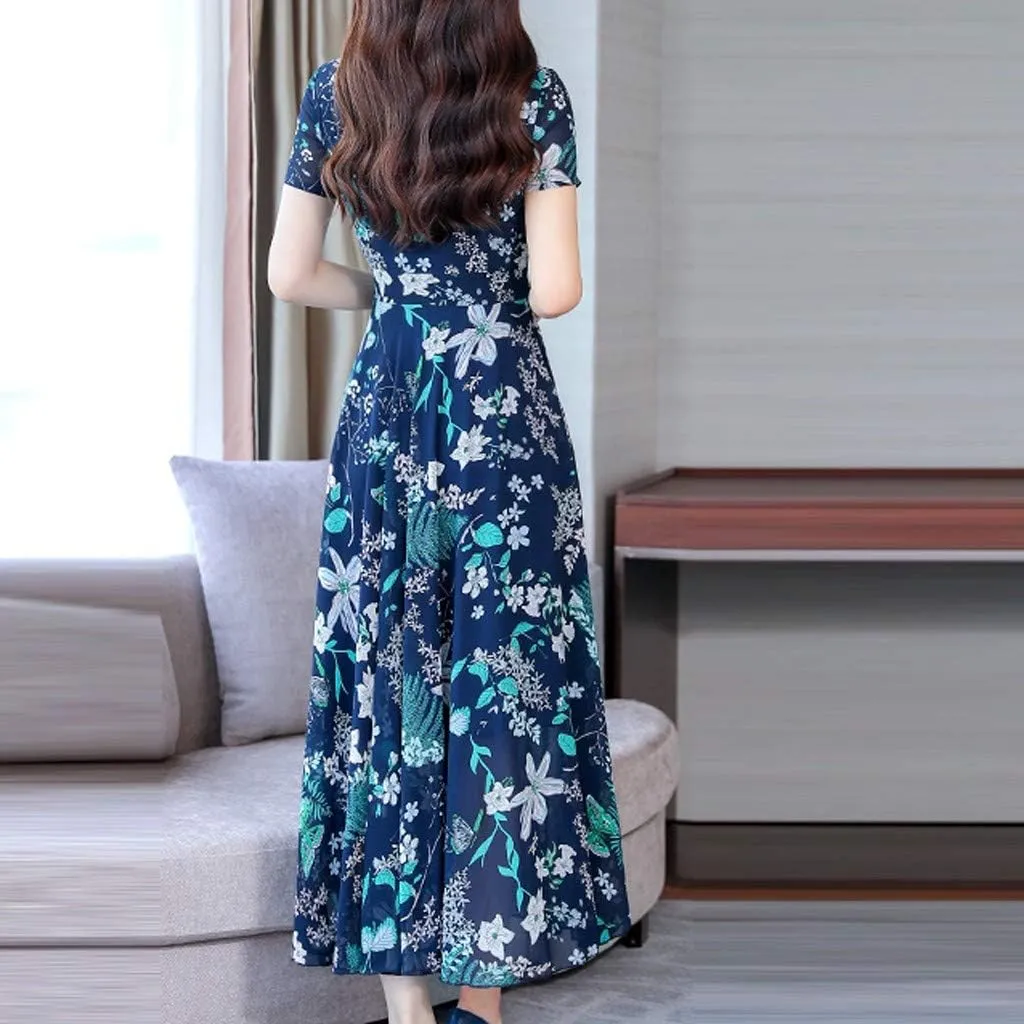 Women's Summer Maxi Dress Casual Boho V Neck Short Sleeve Ruffle Hem Flowy Beach Long Dresses Sundress Midi Dresses