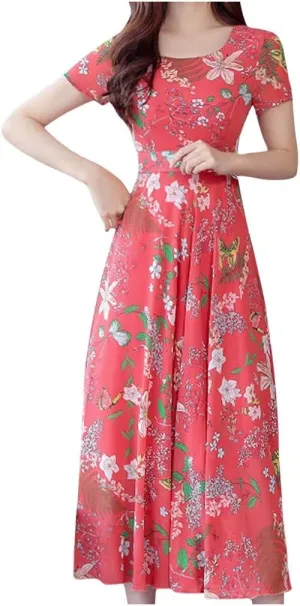 Women's Summer Maxi Dress Casual Boho V Neck Short Sleeve Ruffle Hem Flowy Beach Long Dresses Sundress Midi Dresses