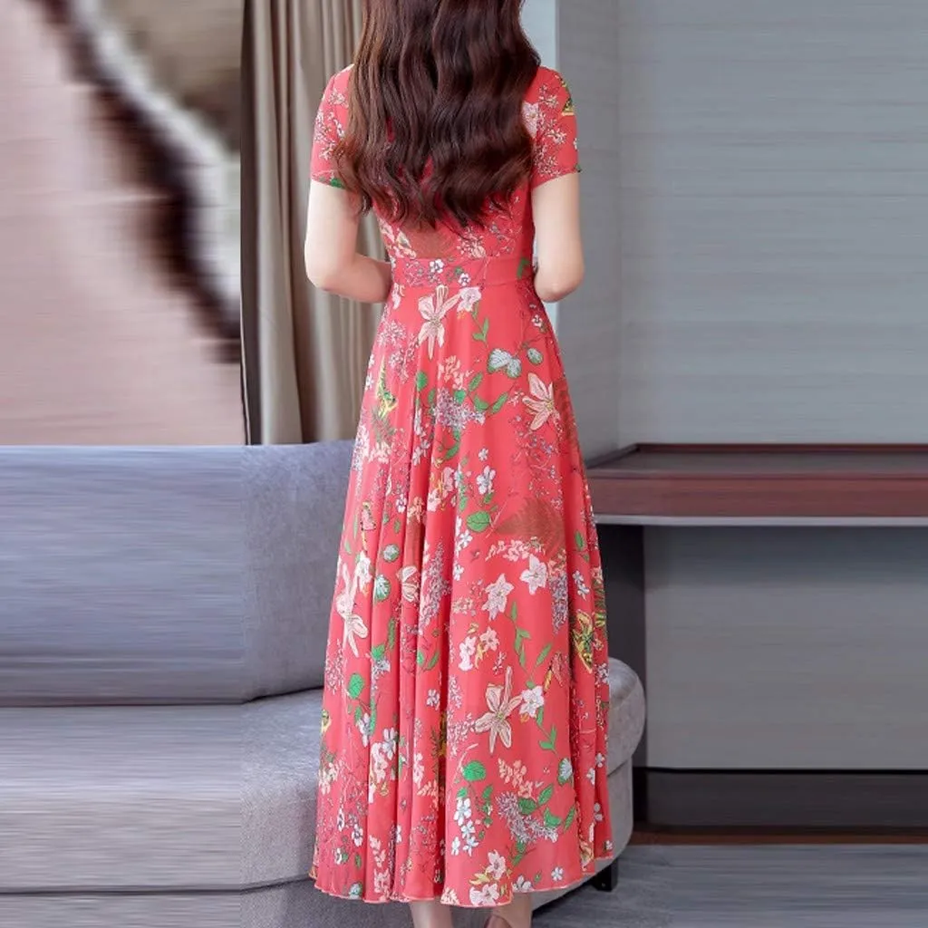 Women's Summer Maxi Dress Casual Boho V Neck Short Sleeve Ruffle Hem Flowy Beach Long Dresses Sundress Midi Dresses