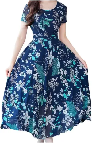 Women's Summer Maxi Dress Casual Boho V Neck Short Sleeve Ruffle Hem Flowy Beach Long Dresses Sundress Midi Dresses