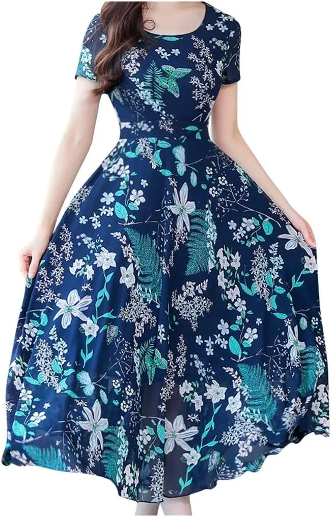 Women's Summer Maxi Dress Casual Boho V Neck Short Sleeve Ruffle Hem Flowy Beach Long Dresses Sundress Midi Dresses