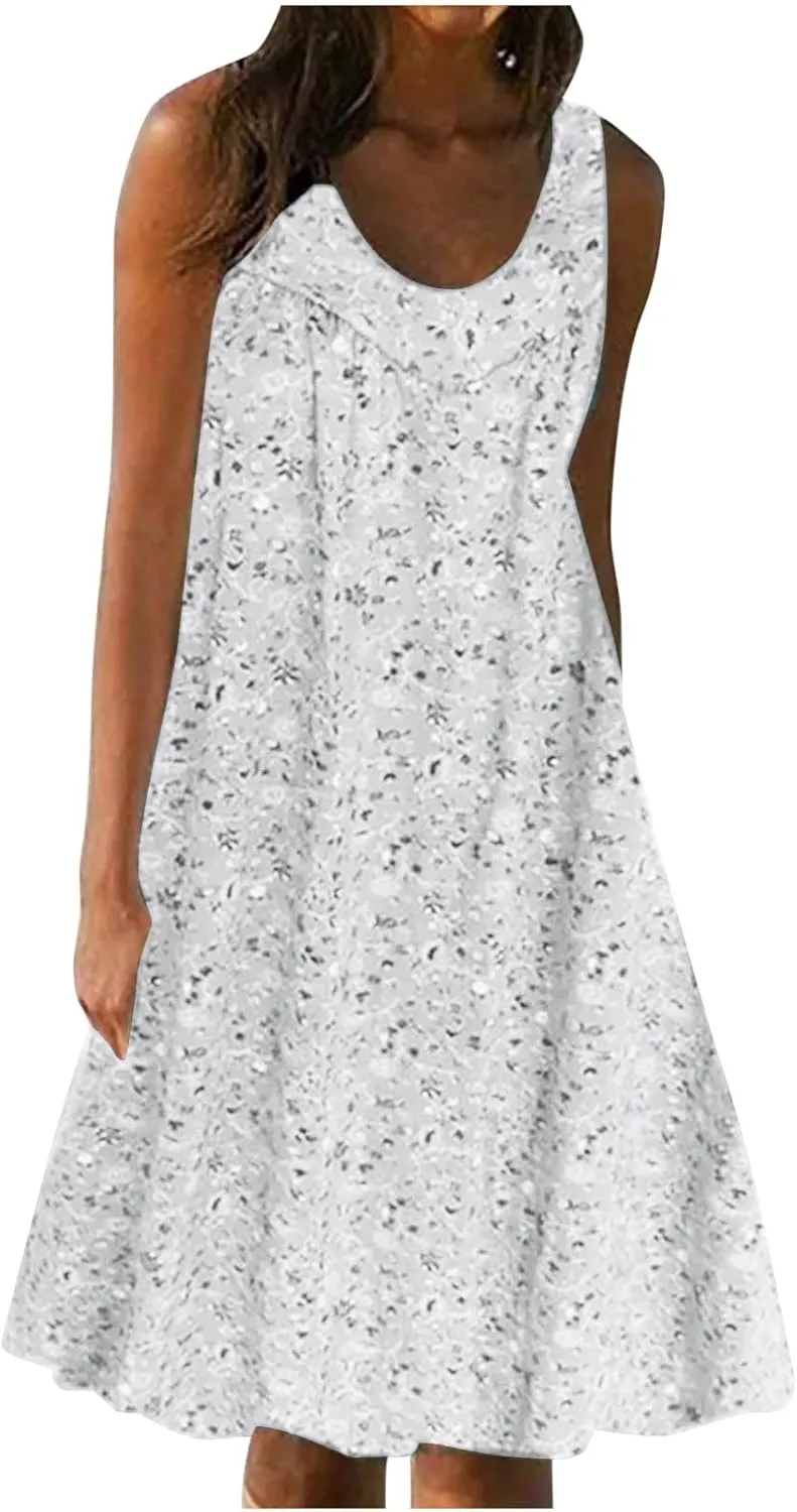 Women's Summer Print Dress Short Sleeve Crew-Neck Loose Dress Beach Dress Sun Dress Ruffled Flowy Midi Dress