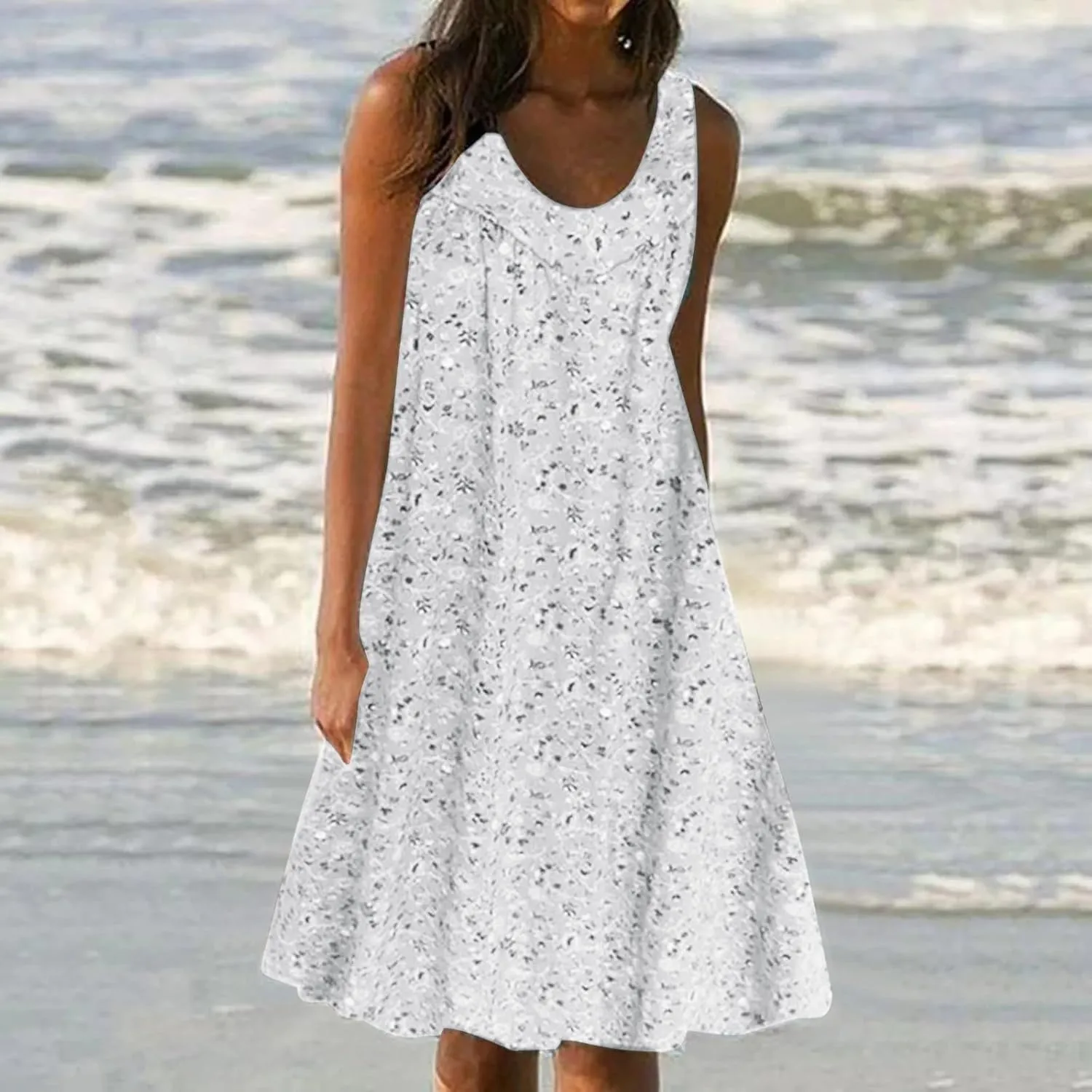 Women's Summer Print Dress Short Sleeve Crew-Neck Loose Dress Beach Dress Sun Dress Ruffled Flowy Midi Dress