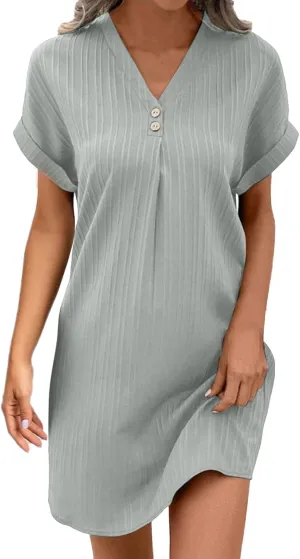 Womens Summer Shirt Dress Short Sleeve A Line Shift Dress Casual Loose Fit Beach Sundress Shirt Tunic Dresses with Pockets