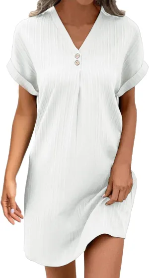 Womens Summer Shirt Dress Short Sleeve A Line Shift Dress Casual Loose Fit Beach Sundress Shirt Tunic Dresses with Pockets