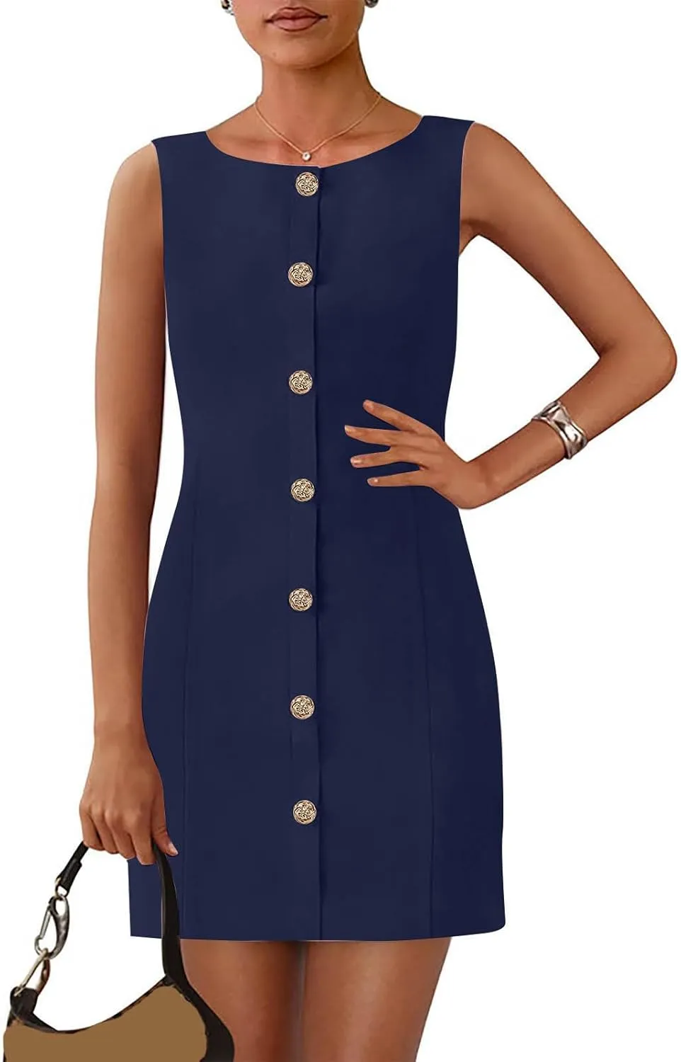 Women's Summer Sleeveless Crew Neck Bodycon Midi Dresses Dressy Casual Party Business Work Button Down Tank Dress