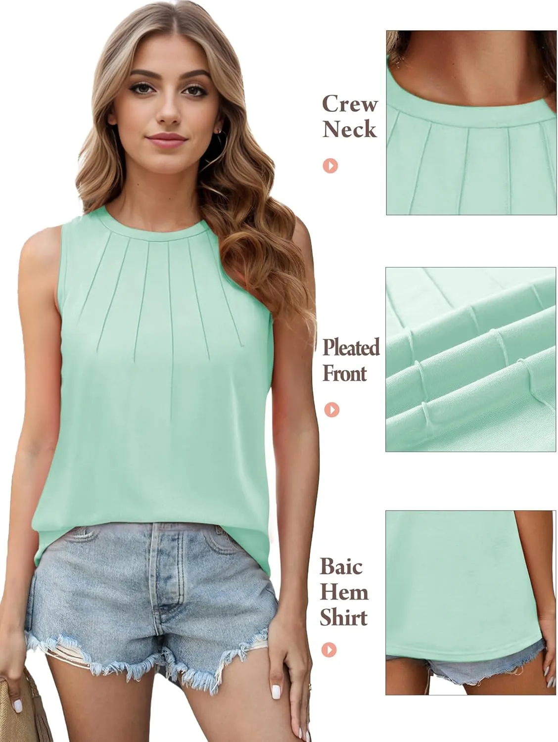 Womens Summer Tank Tops Sleeveless Casual Flowy Tops Pleated Round Neck for Women Casual Loose Fit Tee Shirt