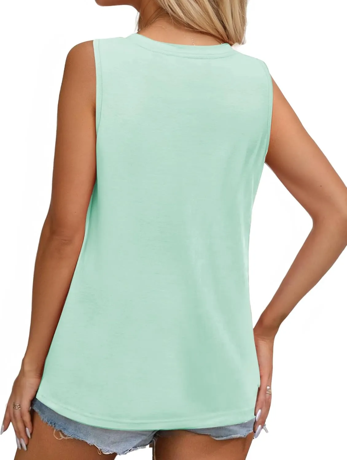 Womens Summer Tank Tops Sleeveless Casual Flowy Tops Pleated Round Neck for Women Casual Loose Fit Tee Shirt
