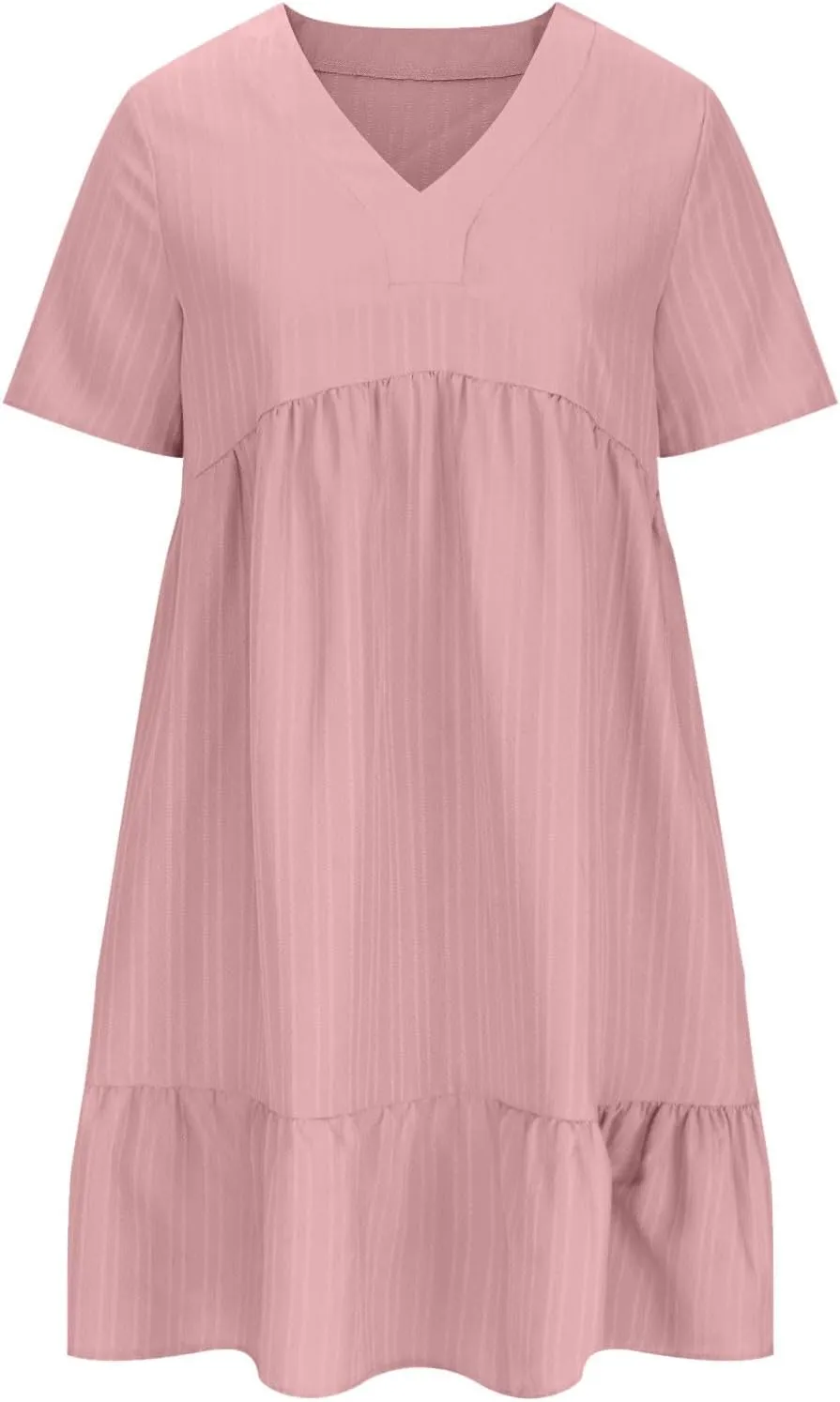 Women's Summer V Neck Dress Short Sleeve Casual Loose Ruffle Hem Dresses Trendy Ruched Solid Color Beach Mini Dress
