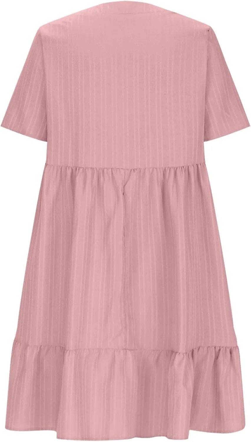 Women's Summer V Neck Dress Short Sleeve Casual Loose Ruffle Hem Dresses Trendy Ruched Solid Color Beach Mini Dress