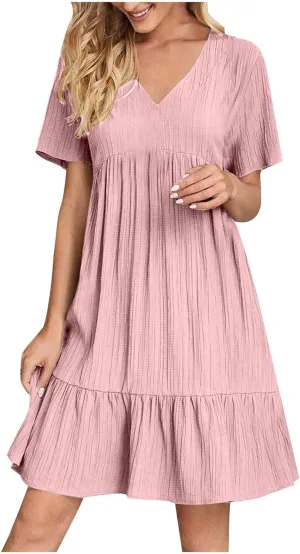 Women's Summer V Neck Dress Short Sleeve Casual Loose Ruffle Hem Dresses Trendy Ruched Solid Color Beach Mini Dress