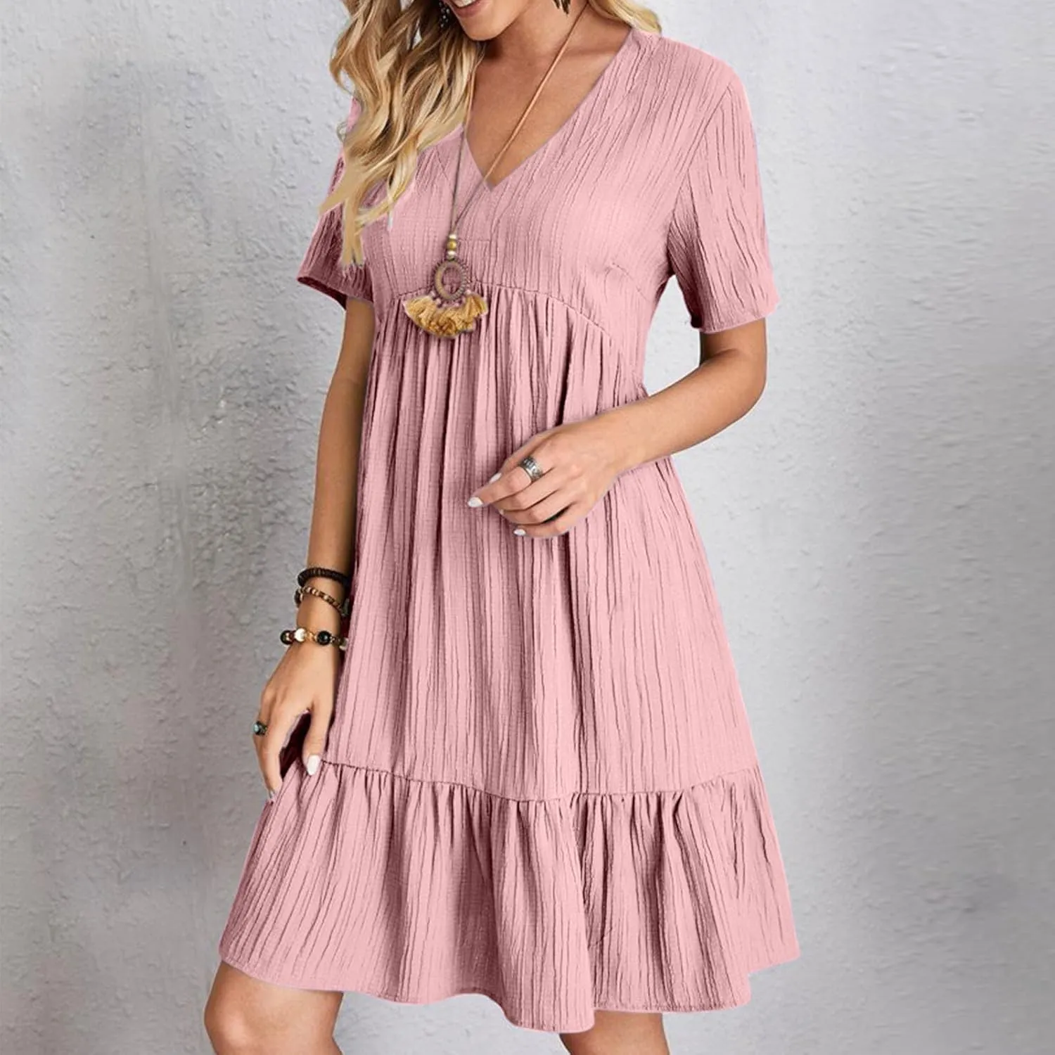 Women's Summer V Neck Dress Short Sleeve Casual Loose Ruffle Hem Dresses Trendy Ruched Solid Color Beach Mini Dress