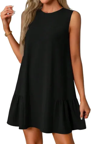 Womens Sundress-2025 Summer Modest Sleeveless Mini Ruffle Dress with Pocket