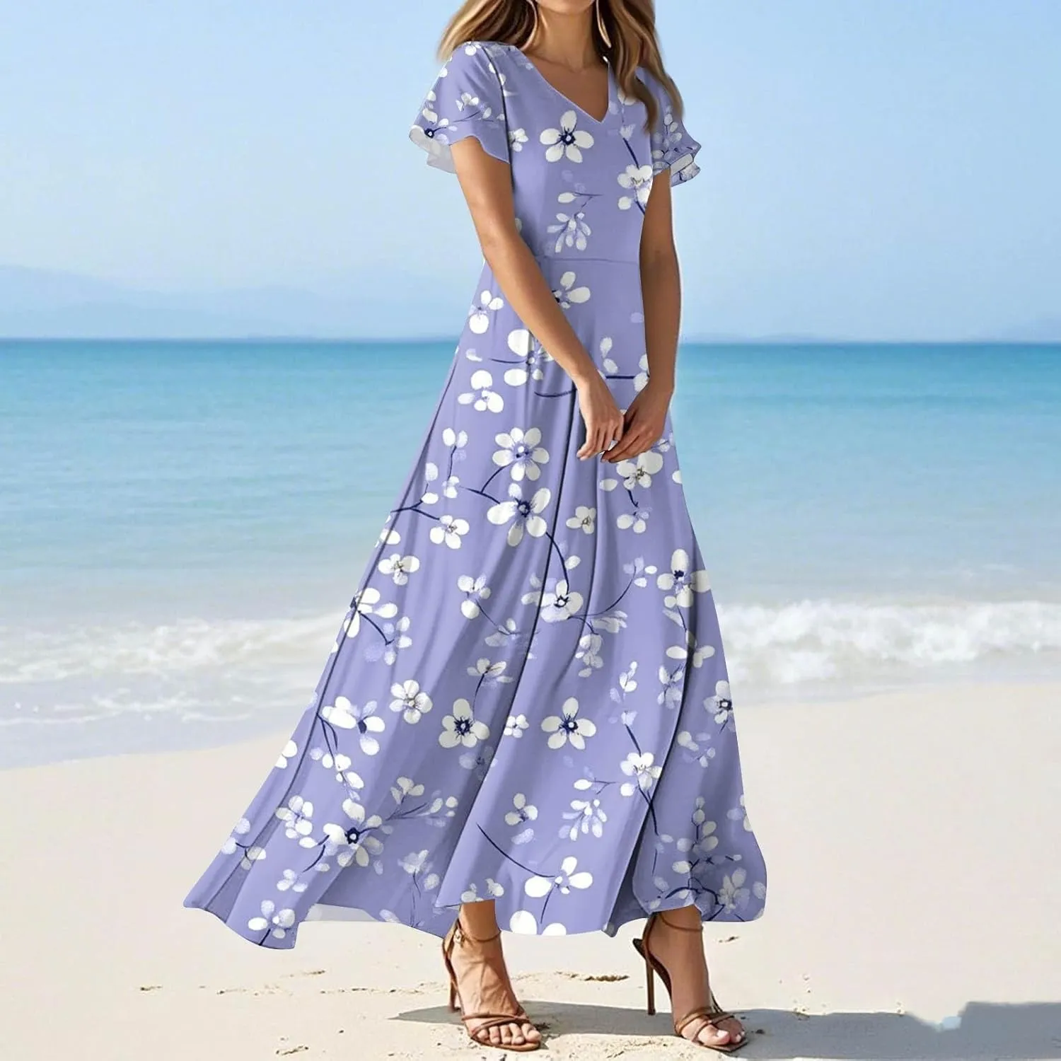 Women's Sundresses 2025 Casual Loose Trendy Short Sleeve V-Neck Floral Printed Beach Boho Maxi Dress, XS-2XL